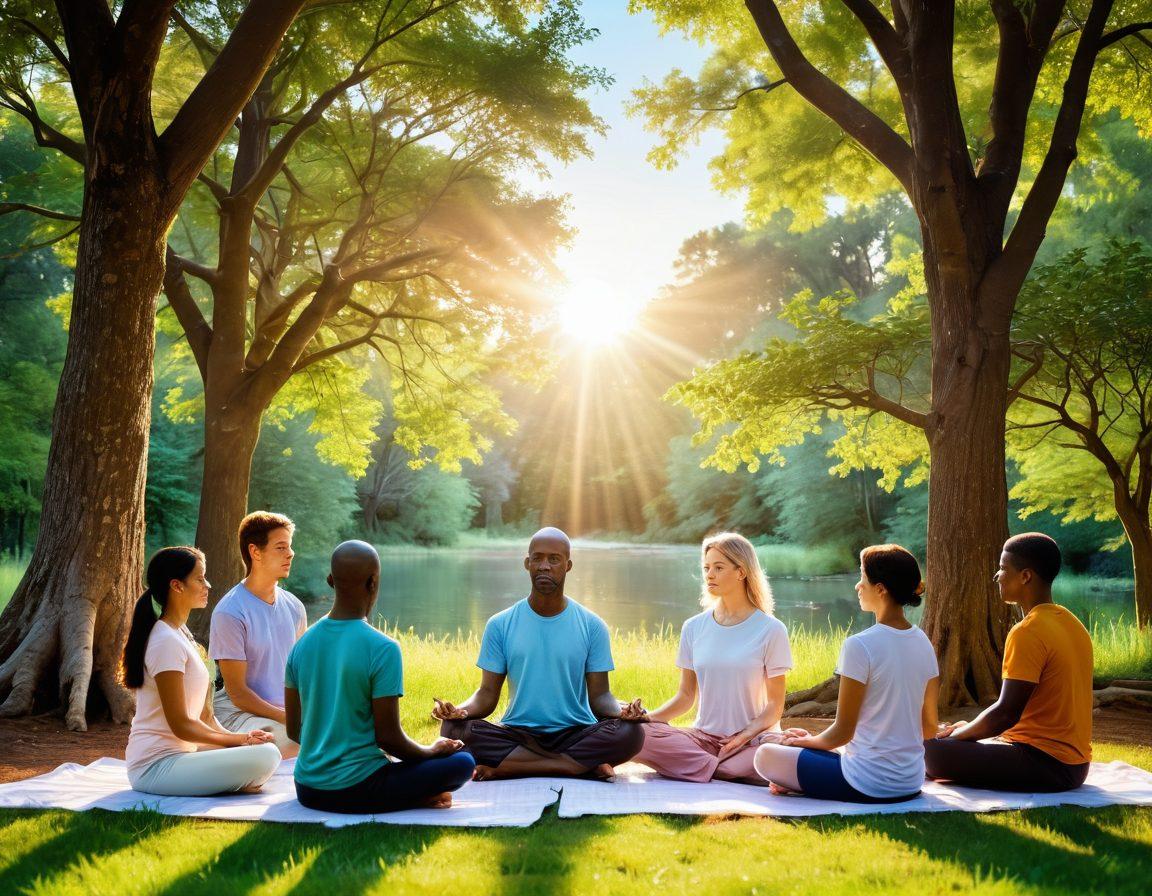 A serene scene depicting a diverse group of individuals engaging in mindfulness practices, surrounded by vibrant nature. Symbols of behavioral science, like brain motifs and calming statistics, subtly integrated into the background. Warm sunlight filtering through trees, creating a sense of peace and harmony. The individuals appear relaxed, embodying mental wellness. soft pastel colors. immediate focus on compassion and connection.