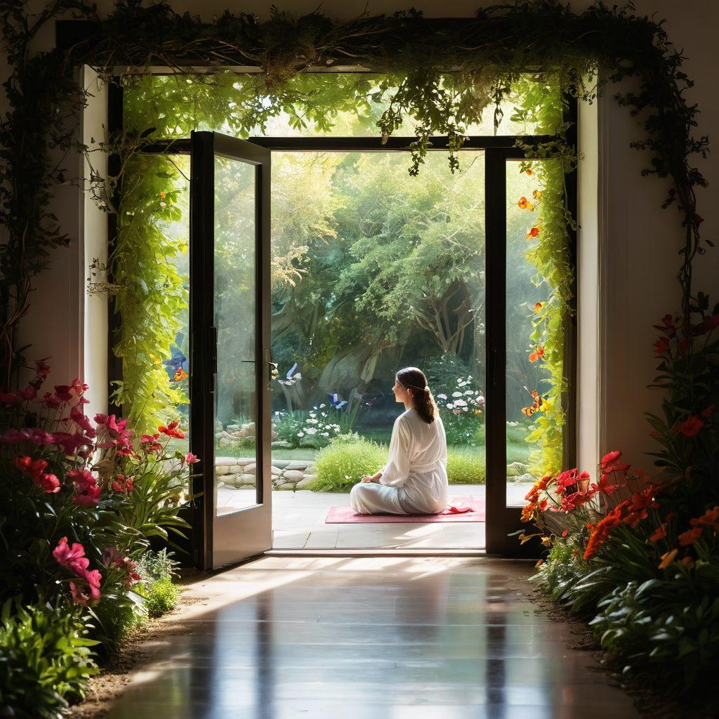 A serene open door leading to a tranquil garden, symbolizing the journey of unlocking the mind. Soft light filters through, illuminating vibrant flowers that represent emotional well-being. A subtle silhouette of a person meditating in the background, emanating a gentle aura. Include elements of flowing water and butterflies to signify transformation and growth. surreal, vibrant colors, soft focus.