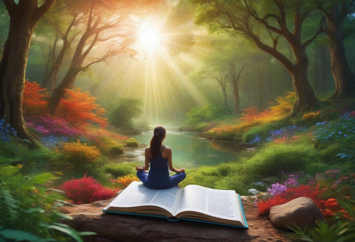 A serene landscape showing a diverse group of people engaging in various cognitive activities, such as journaling, meditating, and collaborating in problem-solving. Surround them with imagery of vibrant nature, symbolizing growth and emotional well-being. Include abstract representations of the mind, like flowing pathways and colorful neurons, to illustrate cognitive strategies. The overall atmosphere should evoke peace, positivity, and life-long learning. vibrant colors. 3D.